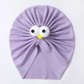 Détail du bonnet turban pour bébé lilas avec de gros yeux en peluche et maille côtelée - Violet