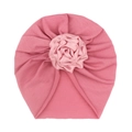 Infant turban hat in bright pink with elegant satin rose flower ornament - Dark Mauve