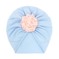 Detail of baby turban hat in light blue knit fabric with a pink satin flower decoration - Light Blue Zircon