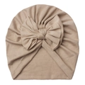 Detailed view of the large bow and fine knitting texture on a soft baby turban hat - Dark Coffee