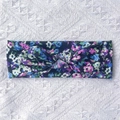 Floral print baby headband with knot bunny ears on navy blue ribbed elastic fabric - Navy Floral (C)