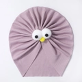 Détail du bonnet turban bébé en maille côtelée violette avec yeux de monstre dessin - Violet Taro