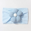 Detailed view of baby knitted headband featuring large light blue fabric flower detail - Blue
