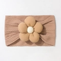 Detail of baby headband with ribbed coffee brown fabric and plush 3D floral accent - Dark Coffee