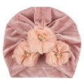Détail du turban rose en velours pour bébé avec fleurs en tissu, perles et strass - Rose Poudré