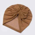 Close-up of a brown breathable mesh baby turban hat with a decorative large bow detail - Dark Coffee