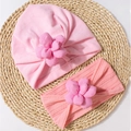 Baby Turban Mütze und Stirnband Set mit 3D Stoffblumen in Rosa für Mädchen Neugeborene - Rosa
