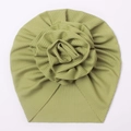 Green baby turban hat with a large floral knot made of ribbed stretch knit fabric - Green