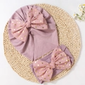 Baby turban hat and headband set in dusty pink with gold foil polka dot mesh bow - Dusky Pink
