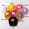 Detail view of colorful waffle knit baby turban hats with cute plush animal characters - 8-Color Mixed (YYR-X25052)