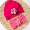 Baby Turban Mütze und Stirnband Set in Rosé-Pink mit weichen Stoffblumen - Rosenrot