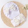 Lavender and white baby turban hat set with golden polka dot bows on woven mat - White
