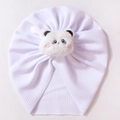 Detail of soft white waffle knit baby beanie with cute plush panda face decoration - White