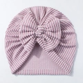 Close-up of pink and white striped newborn turban hat with large knit bow decoration - Taro Purple