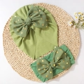 Infant ribbed beanie and headband set in avocado green with golden polka dot mesh bow - Green