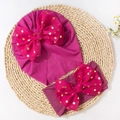 Infant rose red turban hat and headband set with gold polka dot bows on woven mat - Fuschia