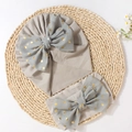 Light gray baby turban hat and bow headband set with gold-dotted mesh overlay decoration - Gray
