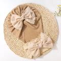Khaki baby turban hat and headband set with gold polka dot tulle bow on woven mat - Light Coffee