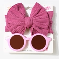 Baby rose red cable knit headband and pink round sunglasses set on white display card - Deep purple