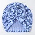 Close-up of baby beanie with blue and white stripes featuring a large soft bow detail - Sapphire Blue