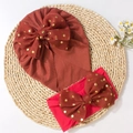Baby turban hat and headband set in brick red with golden foil polka dot mesh bow - Wine Red