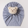 Detailed shot of baby knit turban hat in blue with a cute 3D plush bear ornament - Gray