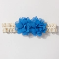 Detailed close-up of blue chiffon flowers on an ivory white lace baby headband - Dark Blue