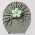 Olive green hollow knit baby turban hat with a large decorative mint green floral accent - Light Green