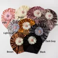 Detailed collection of nine colorful velvet baby beanies with layered 3D flower ornaments - 9 Colors Mixed