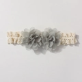 Detail of baby lace headband featuring grey-blue chiffon flowers and cream crochet texture - Gray