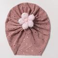 Close-up of baby beanie with 3D fabric flower and breathable hollow-out knit texture - Taro Purple