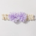 Close-up of baby headband featuring layered lavender chiffon flowers and cream lace details - Light Purple
