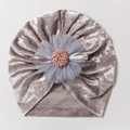Detailed texture of baby velvet turban hat with cute layered mesh flower and bow accent - Light Gray