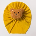 Bright yellow knitted baby turban hat with a cute brown teddy bear plush ornament - Khaki/Earth Yellow