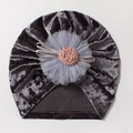 Detail view of dark grey velvet baby turban hat with mesh flower and pink pompom - Dark Gray