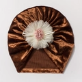 Brown velvet baby turban hat with a delicate white and pink mesh flower accessory - Brown