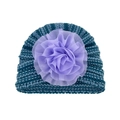 Berretto neonato in maglia blu-verde con grande fiore in chiffon per l'autunno - Blu + Viola