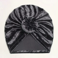 Detail of soft dark grey velvet baby turban hat with central donut knot and pleated texture - Dark Gray