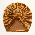 Detailed view of golden velvet turban baby hat with a pleated donut knot and soft texture - Khaki/Earth Yellow