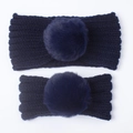 Navy blue knitted headband set with large faux fur pom-poms for winter warmth - Navy Blue