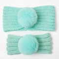 Matching mint green cable knit headband set with faux fur pom pom for mother and child - Mint Green