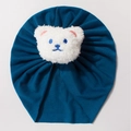 Dark blue baby turban hat with a cute white 3D plush bear patch for infants - Navy Blue