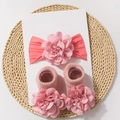 Pink knit baby headband and socks set featuring delicate handmade floral decorations - Dark Dusty Rose