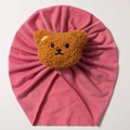 Pink baby turban hat made of soft cotton with a cute brown plush bear decoration - Dust Rose