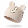 Cute modal baby beanie with 3D ears and gold sequin letter J patch on white background - Light Coffee