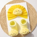 Cute yellow baby turban hat and socks set with soft plush cartoon chicken design - Yellow