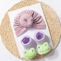 Detail of soft purple baby turban hat and cute green frog cartoon ribbed socks set - Frog Style (Without Card) / Taro Purple
