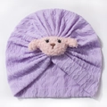 Purple cable knit baby turban hat featuring a cute pink plush sheep decoration - Purple