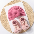 Detail of pink knitted baby hat and socks set with cute plush bunny decorations on white background - Rabbit Style (Without Card) / Dark Mauve