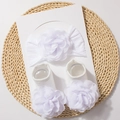Baby gift set with white floral chiffon headband and matching knit socks on a card - White